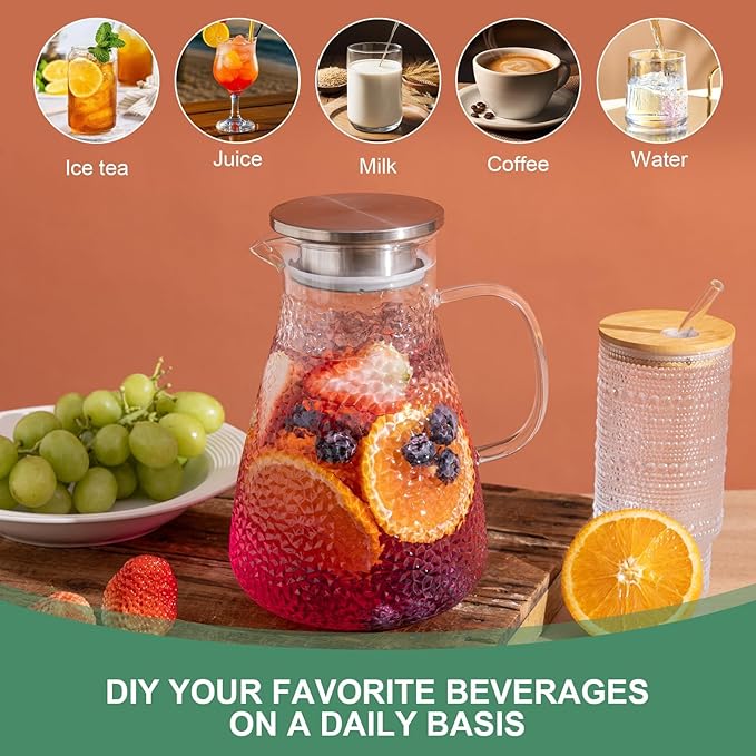 2.0 Liter 68 oz Glass Pitcher with Lid and Spout,2pcs set,Glass Carafe for Hot/Cold Water, Large Iced Tea Pitcher for Iced Coffee, Milk,Juice,Homemade Beverage,and Drinks