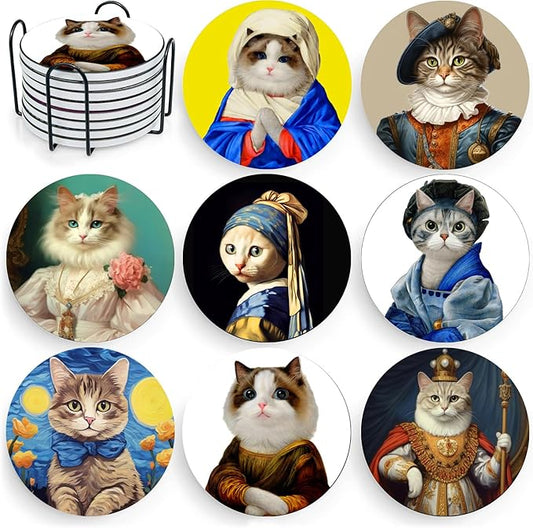 Puraikcmi Cat Lover Coasters Set of 8 with Holder, Ceramic, Multicolor, Funny Cat Designs, Drink Coasters for Table, Office, Desk, Bar, Gift