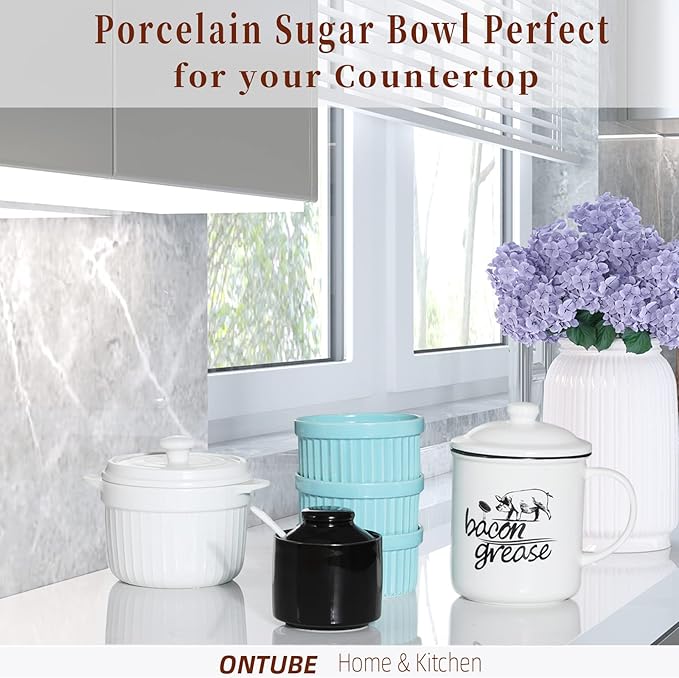 ONTUBE Ceramic Sugar Bowl with Lid and Spoon,Porcelain Seasoning Box Salt Bowl,8oz (Black)