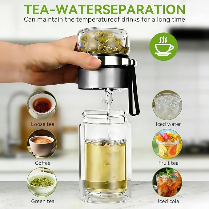 Tea Infuser Bottle, Glass Tea Infuser Bottle Double Wall Portable Tumbler Mug Travel Tumbler Mug Men (Steel Color)