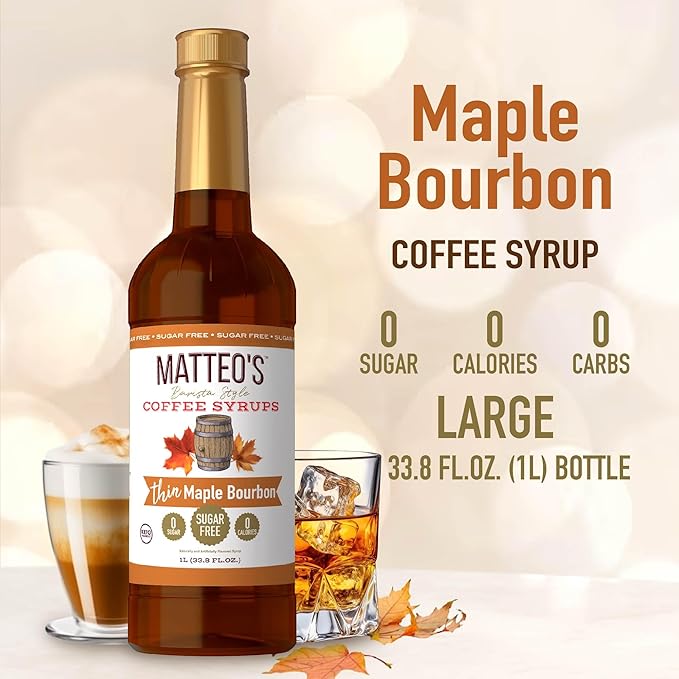 Matteo's Maple Bourbon Syrup for Coffee, Lattes, Cappuccinos & Desserts – Sugar-Free Sweetener for Beverages, Keto Friendly, Zero Calories, Indulgent Flavor, Non-Alcoholic, 33.8oz (1pk)