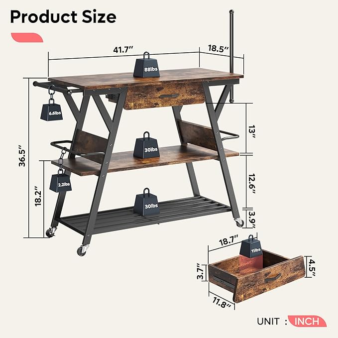 Bestier Coffee Cart Station, 48" W Coffee Bar Cart with Storage Drawer, Mobile Kitchen Island on Lockable Wheels, Coffee Bar Table with Paper & Towel Holder for Dinning Room Living Room, Rustic Brown