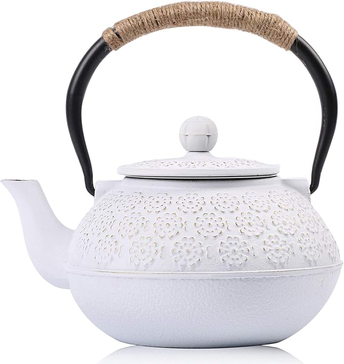 Sotya Cast Iron Teapot, 40oz/1200ml Japanese Tetsubin Tea Pot with Infuser for Loose Leaf and Tea Bags, Tea Kettle Coated with Enameled Interior for Stove Top, White
