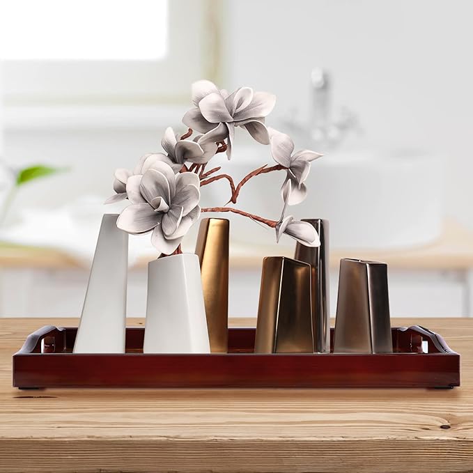 MDLUU Plastic Serving Tray, Ottoman Tray with Cutout Handles, Rectangle Butler Tray for Breakfast in Bed, Coffee Table Decor, Party (Red Brown)