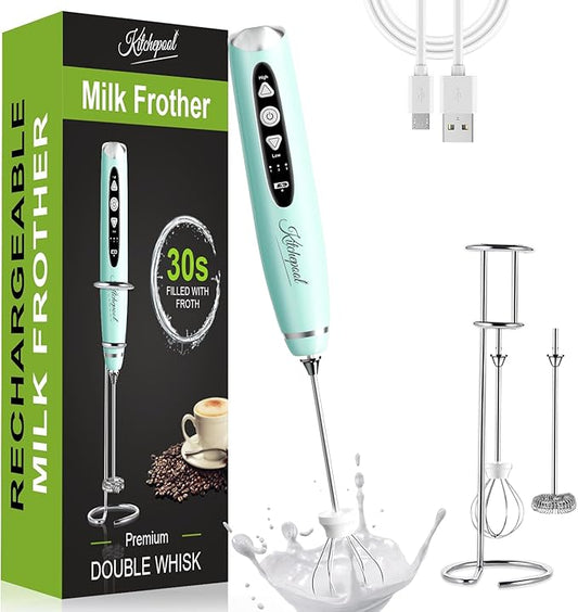 Rechargeable Milk Frother Wand with Stand for Coffee, Electric Whisk with 3 Speed Adjustable, Drink Mixer Handheld for Lattes, Cappuccino, Hot Chocolate, Egg, Light Green