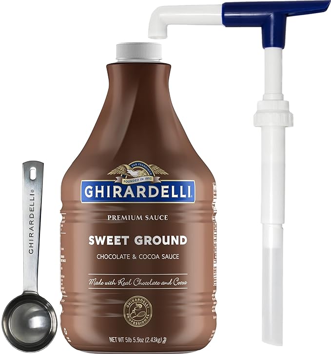 Ghirardelli Sweet Ground Chocolate & Cocoa Sauce 85.9 Ounce Bottle with Ghirardelli Stamped Barista Spoon & Pump