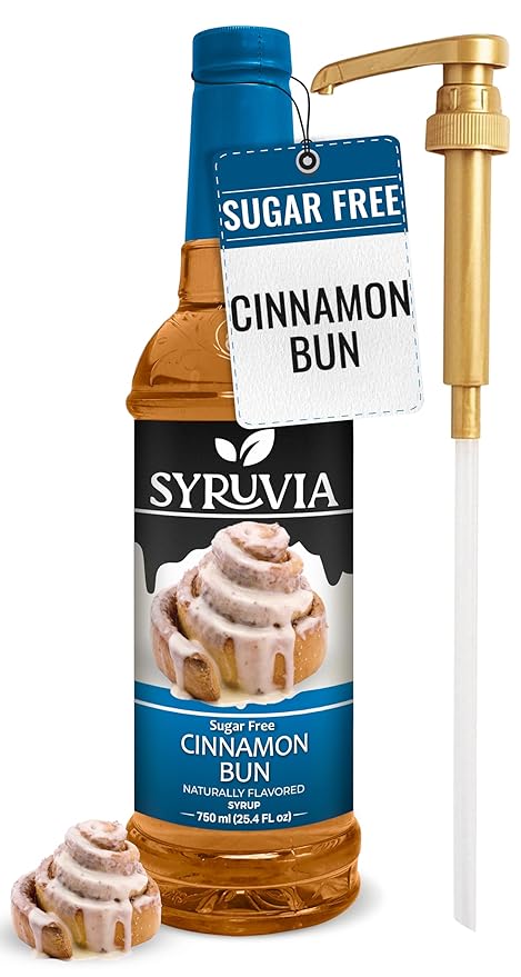 Syruvia Sugar Free Coffee Syrup, Cinnamon Bun Flavored Syrup for Drinks, Lattes, and Desserts – 25.4 fl oz, With Pump