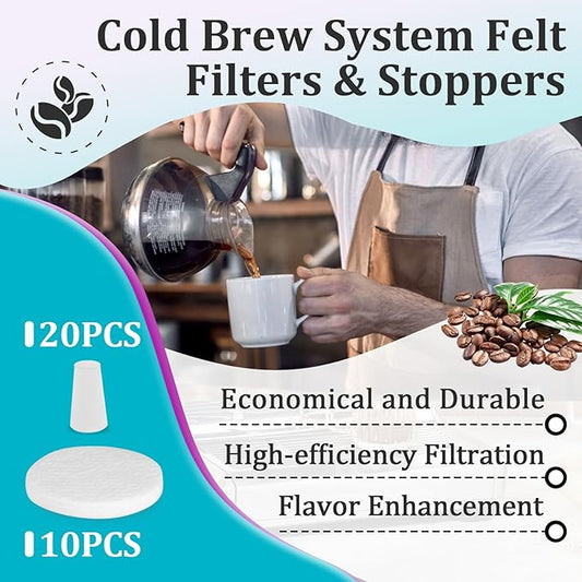 30 Pcs Cold Brew System Felt Filters, Reusable Coffee Filters, Fits for Nispira Replacement Water Filter and Alocs Coffee Filter(Include 10 Pcs Coffee Filters and 20 Pcs Stoppers)