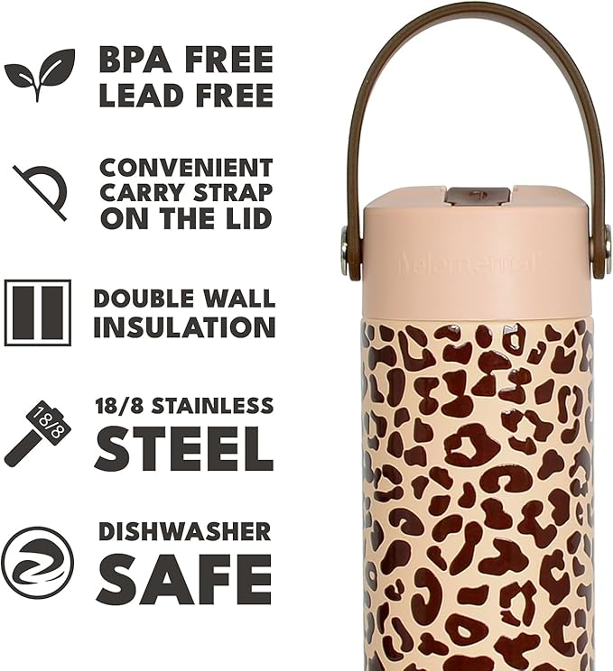 Elemental 24oz Insulated Water Bottle with Straw - 100% Leak-Proof Stainless Steel Core Water Bottles for Travel, Sports and Gym - Double Wall Insulation & BPA Free - Beige Leopard