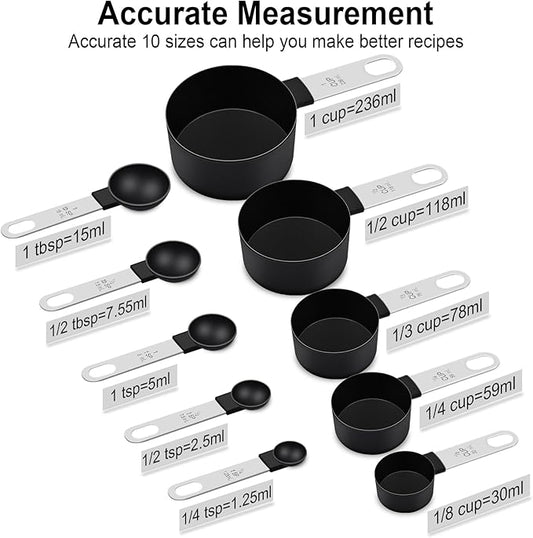 Measuring Cups and Spoons Set, 10 Pieces Nesting Measure Tools, Kitchen Essentials Gadgets with Stainless Steel Handle for Dry & Liquid Ingredient, Black