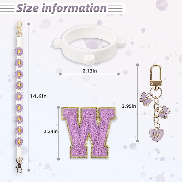 Compatible with Owala Water Bottle Accessories, Cute Letter Charm Set with Boho Handle Strap, Monogram Sticker, Silicone Ring, Keychain Decoration, for FreeSip 24 32 40oz, Owala Kids, Tumbler Gift