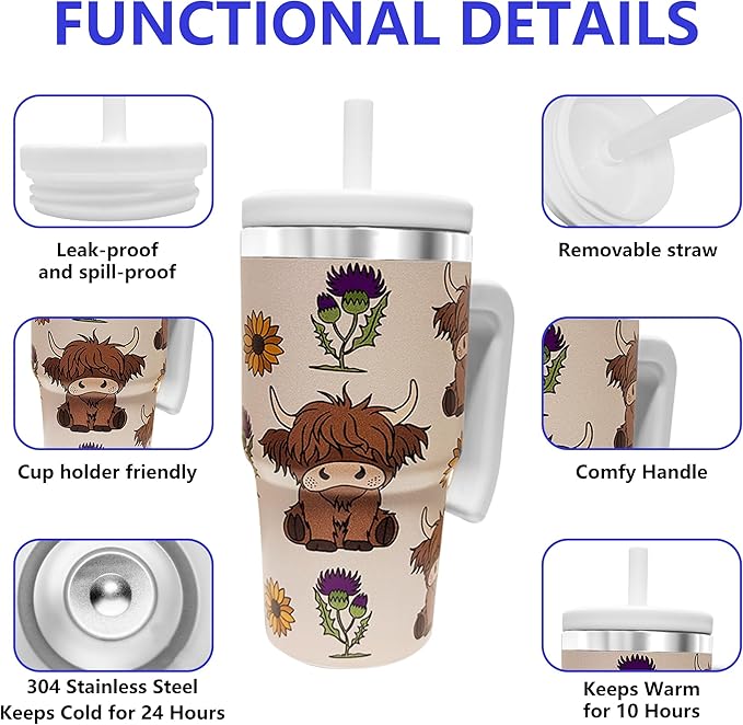 2PCS 20-OZ Insulated Water Bottle,Insulated Stainless Steel Tumbler,Reusable Cold Drink Thermos,BPA-Free, Double-Wall Stainless Steel Water Bottle (Cream-Higland cows, 20, Fluid Ounces)