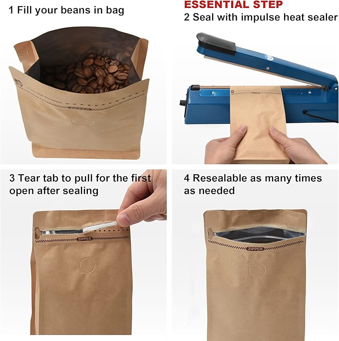 50 Pieces 1 Kg Kraft Paper Stand Up Coffee Bag/Flat Bottom Pouch with Air Release Valve and Reusable Side Zipper. (50pcs, 2.2lb/32oz/1kg)