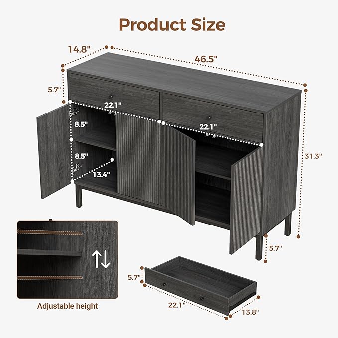 Mericonia Farmhouse Buffet Sideboard Cabinet with Storage, Fluted Coffee Bar with Doors and Adjustable Shelves, Modern Wood Console Cabinet with Drawers (4 Door, Grey 2 Drawer)