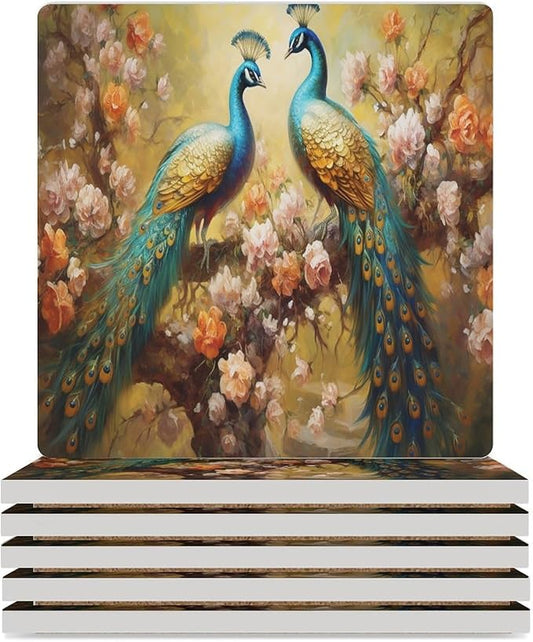 Square-6PCS Peacock Ceramic Coasters, Square Absorbent Drink Coasters, Vintage Art Beautiful Plant Floral Green Peacock Ceramic Table Coasters for Coffee, Beverage, Wine, Beer Coasters