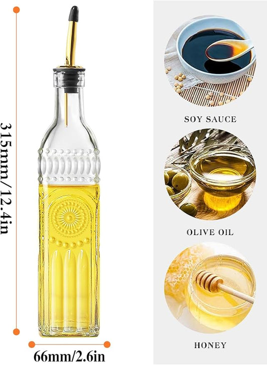 4 Pcs Olive Oil Dispenser Bottle for Kitchen,17oz Clear Glass Oil and Vinegar Dispenser Bottle Set, Classic Coffee Syrup Dispenser with 4 Stainless Steel Spouts and 1 Funnel (Square)
