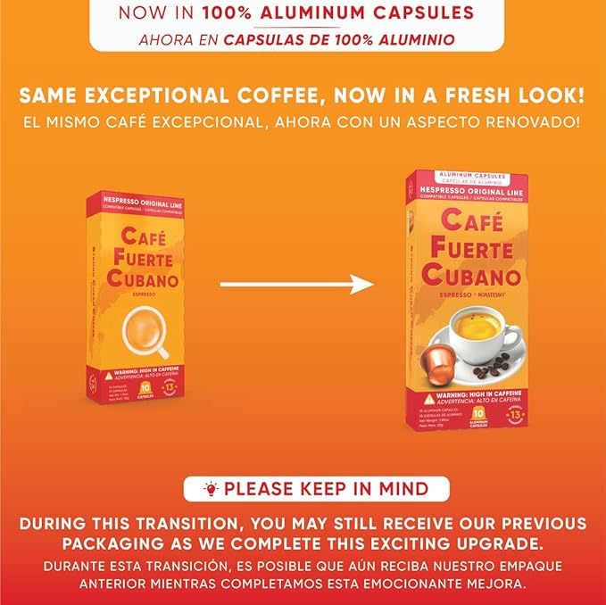 Café Fuerte Cubano, Aluminum Espresso Capsules, Compatible with Nespresso Original Machines, Dark Roast, Intensity 13, High Caffeine, Recyclable Coffee Pods, Roasted and Packaged in USA (40 Count)