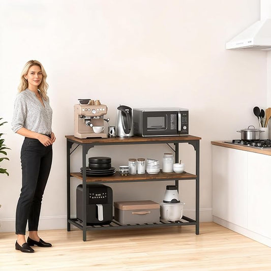 PayLessHere 3 Tiers Kitchen Island 47.2 Inches Width Storage Counter with Large Storage Space Thick Board Top Solid Structure Shelf for Home Kitchen Restaurant Cafe (Brown)