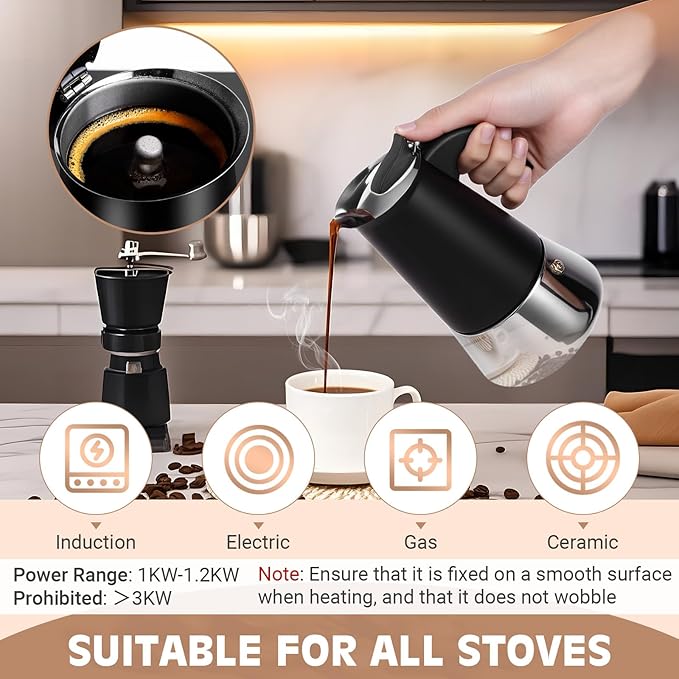 Suiitat Moka Pot, 4 Cups (7.1 oz) Stovetop Espresso Maker, 304 Stainless Steel Moka Pot, Induction Compatible, Black