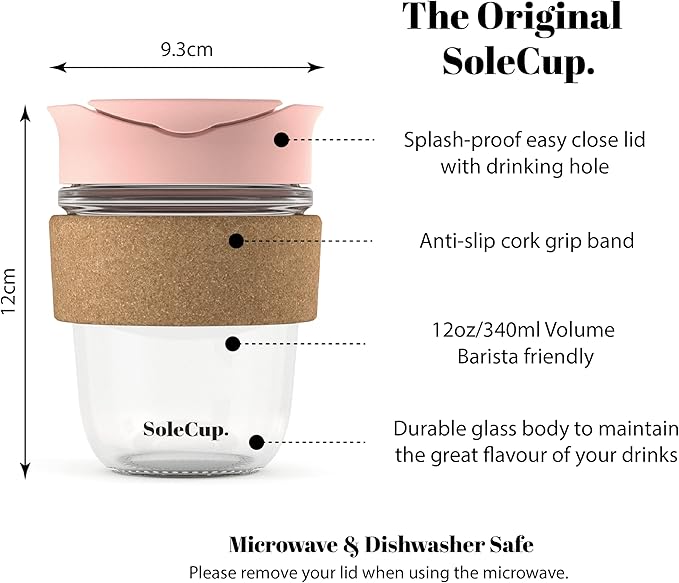 Reusable Strengthened Glass Travel Cup - Spill Proof Insulated Coffee Mug - 12oz/340ml BPA-Free Hot Drink Travel Mug with Lid & Cork Band (Pink, 12oz)