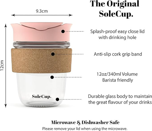 Reusable Strengthened Glass Travel Cup - Spill Proof Insulated Coffee Mug - 12oz/340ml BPA-Free Hot Drink Travel Mug with Lid & Cork Band (Pink, 12oz)