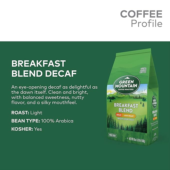 Green Mountain Coffee Roasters Breakfast Blend Decaf, Whole Bean Coffee, Light Roast, Bagged 18 oz (Pack of 3)