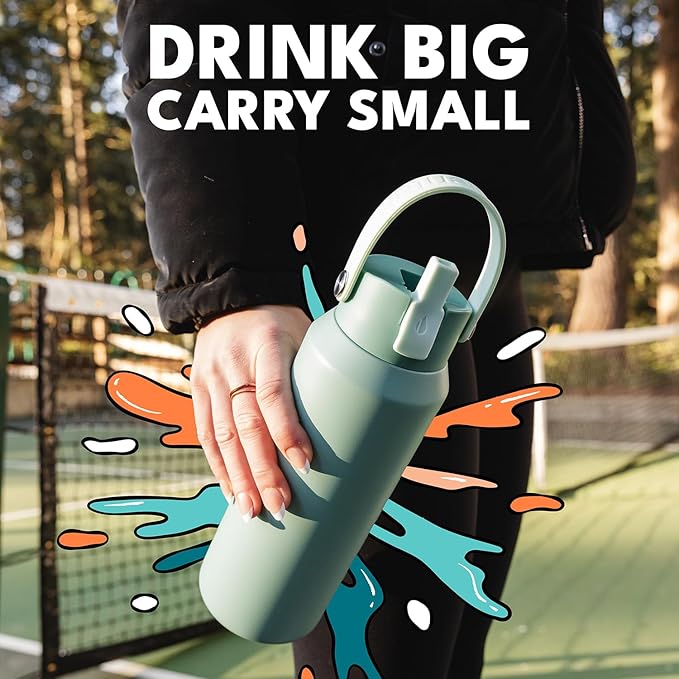 Elemental 40oz Insulated Water Bottle with Straw - 100% Leak-Proof Stainless Steel Core Water Bottles for Travel, Sports and Gym - Double Wall Insulation & BPA Free - Sage