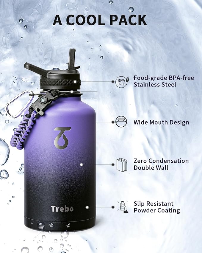 Trebo Water Bottle 64oz with Paracord Handle, Half Gallon Large Vacuum Double Wall Stainless Steel Insulated Water Jug with Holder Strap Straw Spout Lids, Leakproof Keep Cold & Hot,Dark Purple