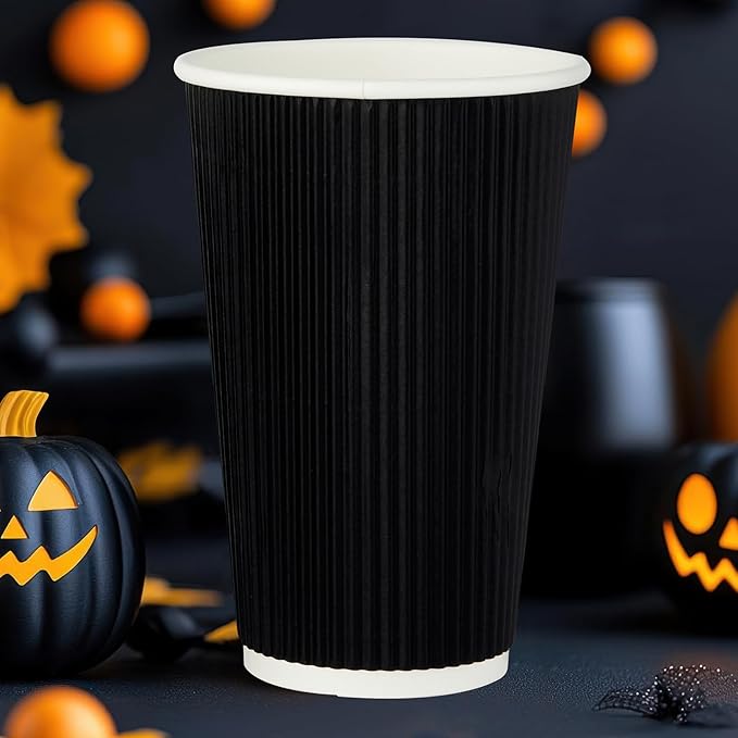 JollyPack 60 Pack 16 oz Paper Coffee Cups, Black Disposable Beverage Cups with Insulated Ripple Wall for Coffee, Tea, and Hot Chocolate