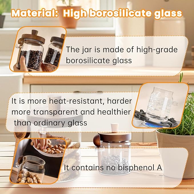 Glass Coffee Bean Storage Container, Wood Lid with Spoon, Airtight Silicone Seal, BPA-Free (500ML/16.91OZ)