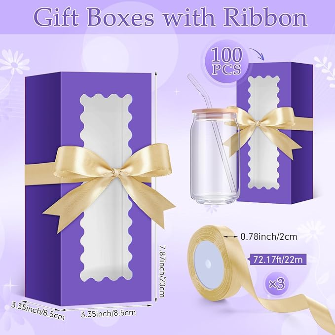 Windyun 100 Pcs Tumbler Gift Boxes for Sublimation Glass Exhibition Boxes Transparent for 12oz 16oz 20oz Shipping Cup Exhibition Packaging for Jars Mug Can Party Supplies(Purple)
