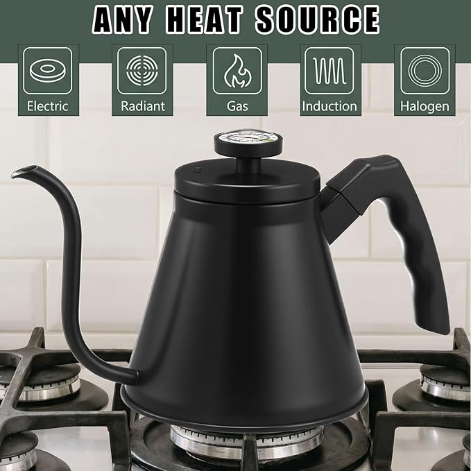 2 Pack 40 oz Gooseneck Kettle with Thermometer Stainless Steel Pour over Coffee Kettle Precision Drip Spout for Stovetop Home Kitchen Camping(Black)