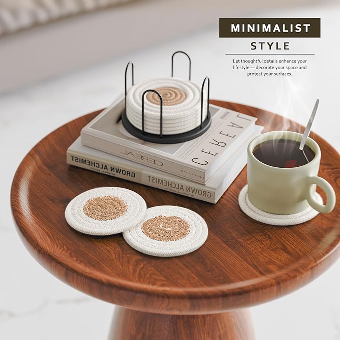 Coasters Set of 8 for Drinks, Beer, Coffee, Cotton Woven Absorbent Coaster with Holder, Boho Coasters for Home Decor Tabletop Protection Suitable for Kinds of Cups, White & Coffee