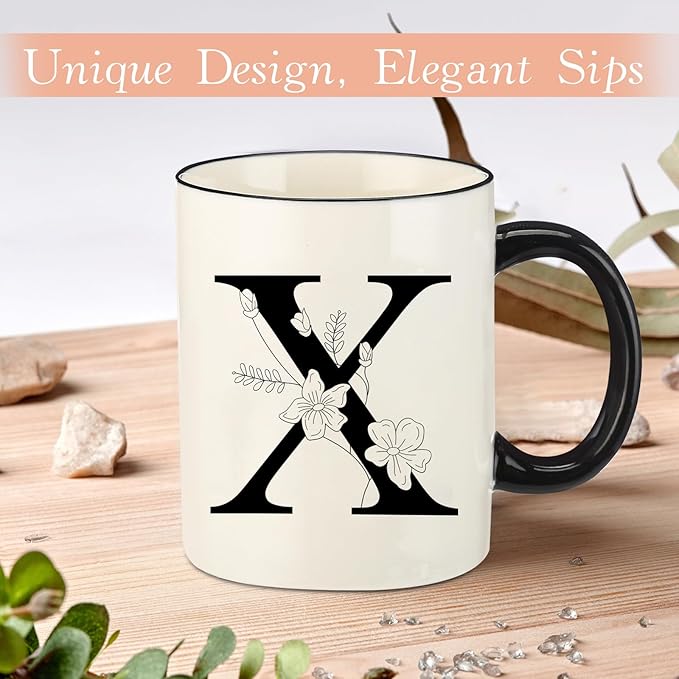 Monogram Ceramic Coffee Mugs, 11 oz Initial Drinking Cup with Gift Box, Unique Birthday Valentines Day Gifts for Women Wife Mothers Day Grandma Mom Aunt, X