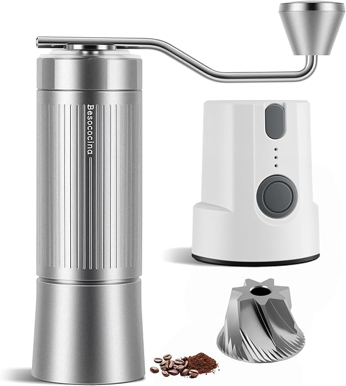 Burr Coffee Grinder 2-in-1 Manual/Electric, 40mm Stainless Steel Conical Burr Coffee Bean Grinder, USB Rechargeable Home Use, 16 Grind Levels for Espresso/Drip/French Press/Mocha (Silver)