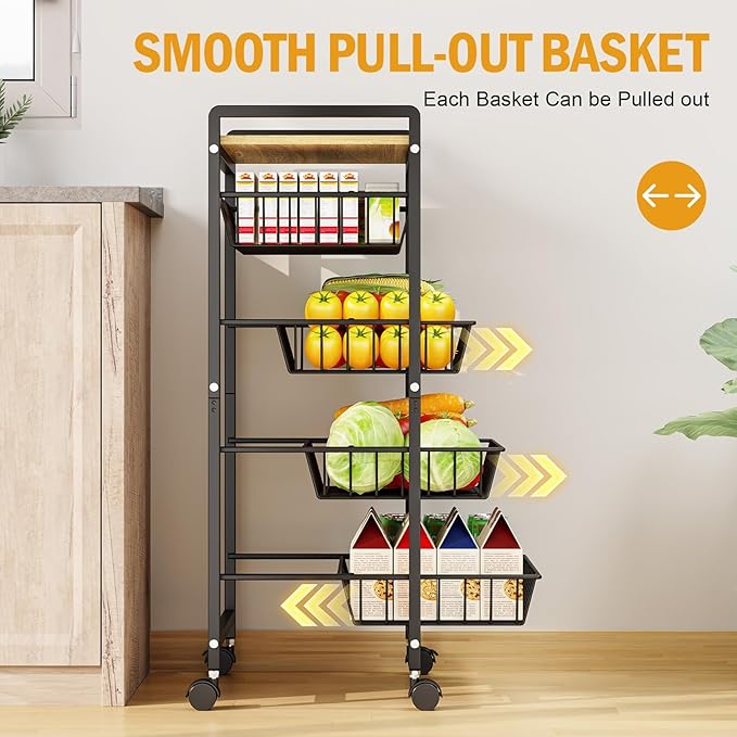 TOOLF 5-Tier Kitchen Cart with Tabletop, Rolling Snack Cart with Lockable Wheels, Fruit Vegetable Storage Basket with 4 Pack Mats, Metal Storage Rack with Pull-Out Pantry Cart for Organizer