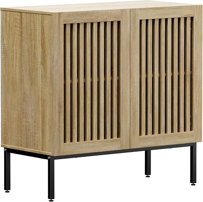 Buffet Cabinet with Storage,31.5" Farmhouse Console Table with Metal Base and Adjustable Shelf,Sideboard Coffee Bar Cabinet with 2 Doors for Kitchen,Dining Room,Living Room,Oak
