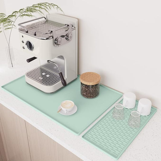 Silicone Coffee Mat Set - Includes Removable Drying Pad, Raised Edges for Non-Leak and Non-Slip, Suitable for Kitchen Coffee Machines and Countertop Protection, Bar Decor Pad (Green, 24" x 16")
