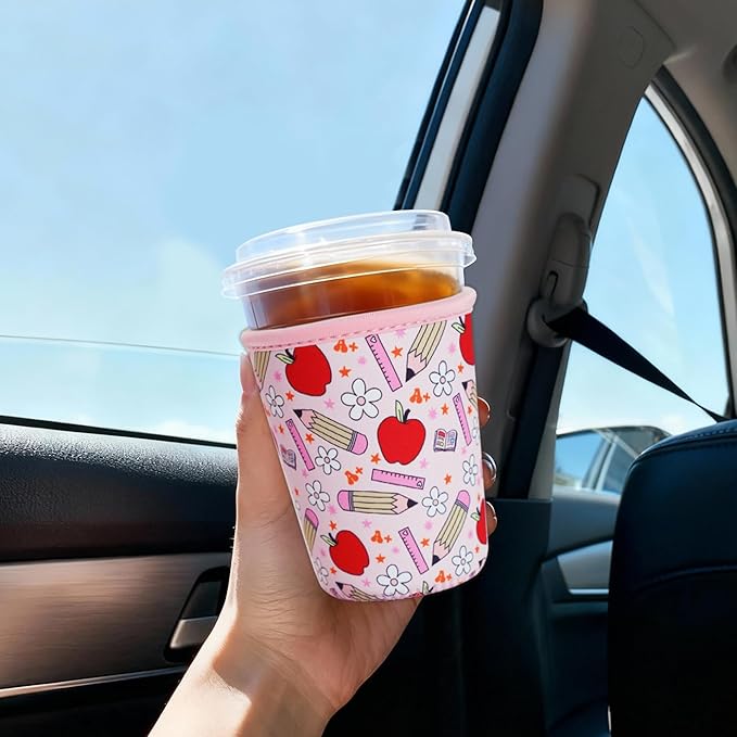 Reusable Insulated Sleeve for Iced Coffee Cup, Coffee Neoprene Sleeve for Cold & Hot Drinks, Beverage Holder for Iced Coffee (Teacher Treasure, Small: 16-18oz)