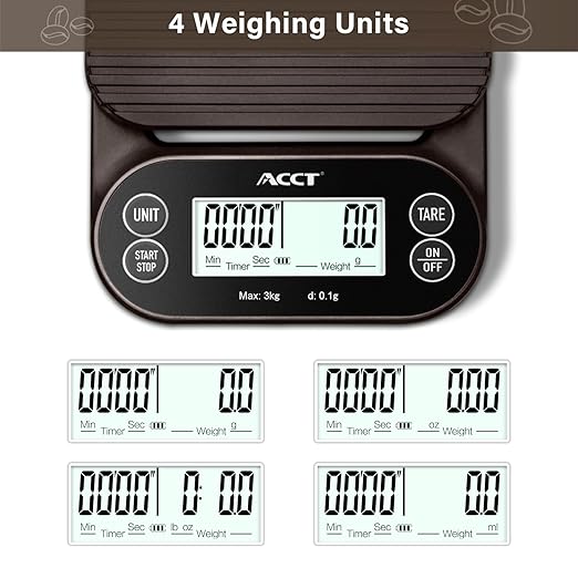 ACCT Coffee Scale with Timer - 3kg/0.1g Barista Scale for Espresso, Pour Over & Kitchen Use, 4 Units, High Precision Scale with Non-Slip Mat