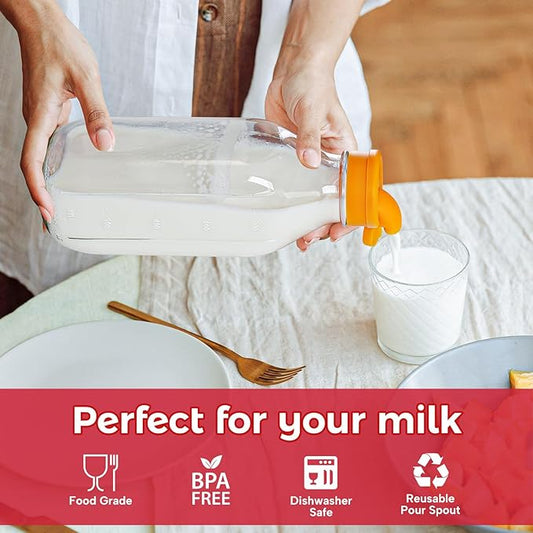 32 oz Reusable Glass Milk Bottles with Silicone Dispenser Cap, 2 Pack Glass Jars with Airtight Screw Lid, Leak Proof Juice Bottles with Scale Mark Breastmilk Storage Container for Fridge