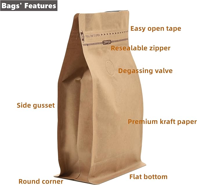 Resealable Kraft Paper Coffee Bags with Degassing Valve, Flat Bottom Side Gusset Stand Up Coffee Pouches with Zipper Lock (Pack of 100, Size for 12 oz/340 grams Coffee Beans or Ground)