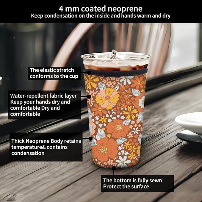 Reusable Neoprene Insulator Sleeve for Iced Coffee Cold Soda Cups, Cute Durable Drink Sleeve for Cold Beverages, Medium 22-28oz Cup Sleeve Cute Orange Floral