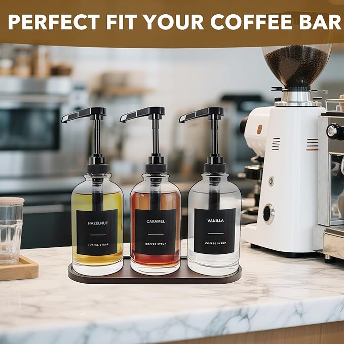 Coffee Syrup Dispenser for Coffee Bar, Glass Syrup Dispenser with 1/4oz Large Capacity Pump, Coffee Syrup Pump Dispenser Bottle for Coffee Station, Coffee Bar Organizer, Black with Tray,16.9oz