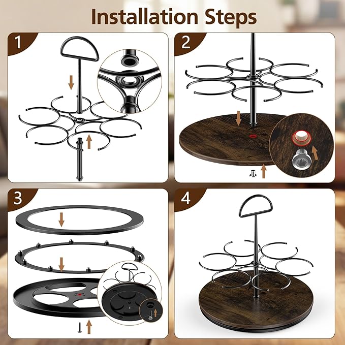 MAYELM 360° Rotating Wine and Coffe Syrup Bottle Rack, 6-Bottle Countertop Organizer with Non-Slip Base, Space-Saving Liquor and Syrup Bottle Display Shelves for Home Bar and Kitchen