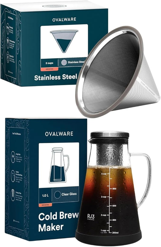 OVALWARE Stainless Steel Filter with Airtight Cold Brew Iced Coffee Maker 1.0L/34oz