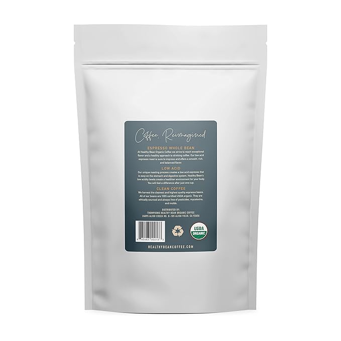 Healthy Bean Espresso Organic Coffee Beans Whole - Low Acid Coffee for Sensitive Stomach, Strong and Rich Flavor - USDA Organic, Dark Roast Whole Bean, 11oz
