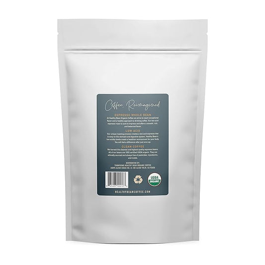 Healthy Bean Espresso Organic Coffee Beans Whole - Low Acid Coffee for Sensitive Stomach, Strong and Rich Flavor - USDA Organic, Dark Roast Whole Bean, 11oz