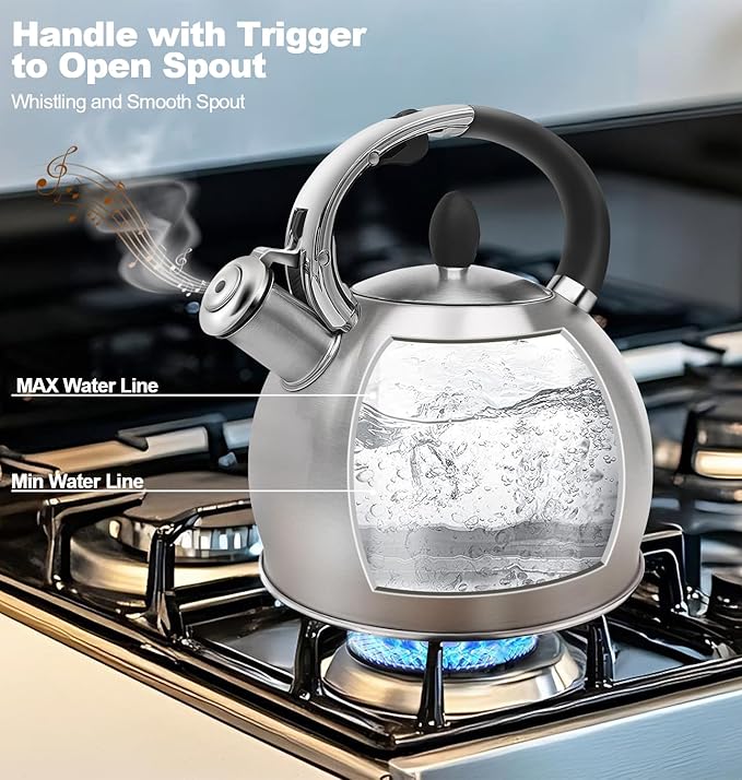 Stainless Steel Tea Kettle, Tea Kettles Stovetop, Vintage Whistling Teapot for Stove, Durable and Rust-Resistant, with a Pot Holder Included, Whistling Tea Kettle 2.64 Quart (Brushed)