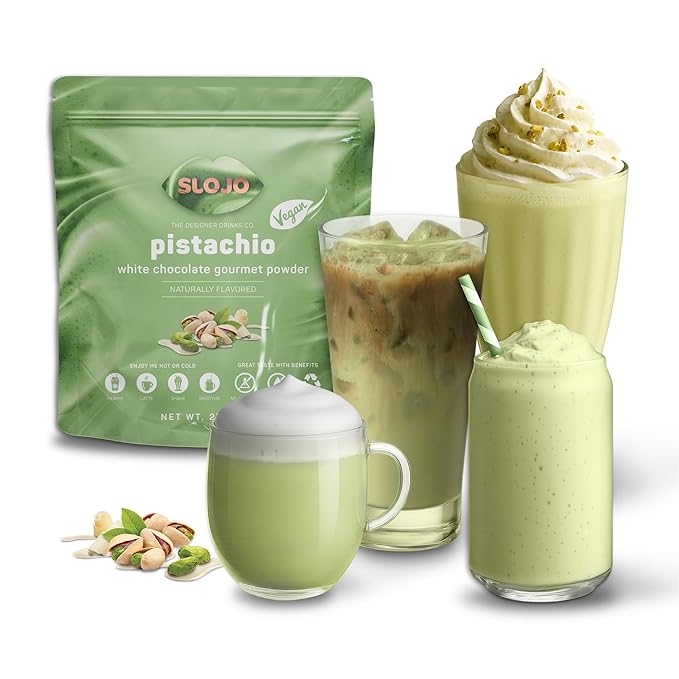 SLOJO Pistachio White Chocolate Powder - Premium Drink Mix for Hot & Cold Beverages, Gourmet Powder, Vegan, Drink Mix for Frozen or over Iced Frappes, Lattes, Iced Coffees, Milkshakes and Desserts, 2Lbs